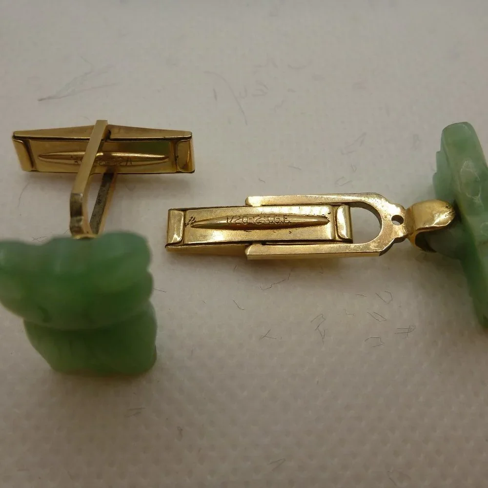 Vintage Mid-Century Carved Green Jade Lotus Flower Cufflinks 12K GF